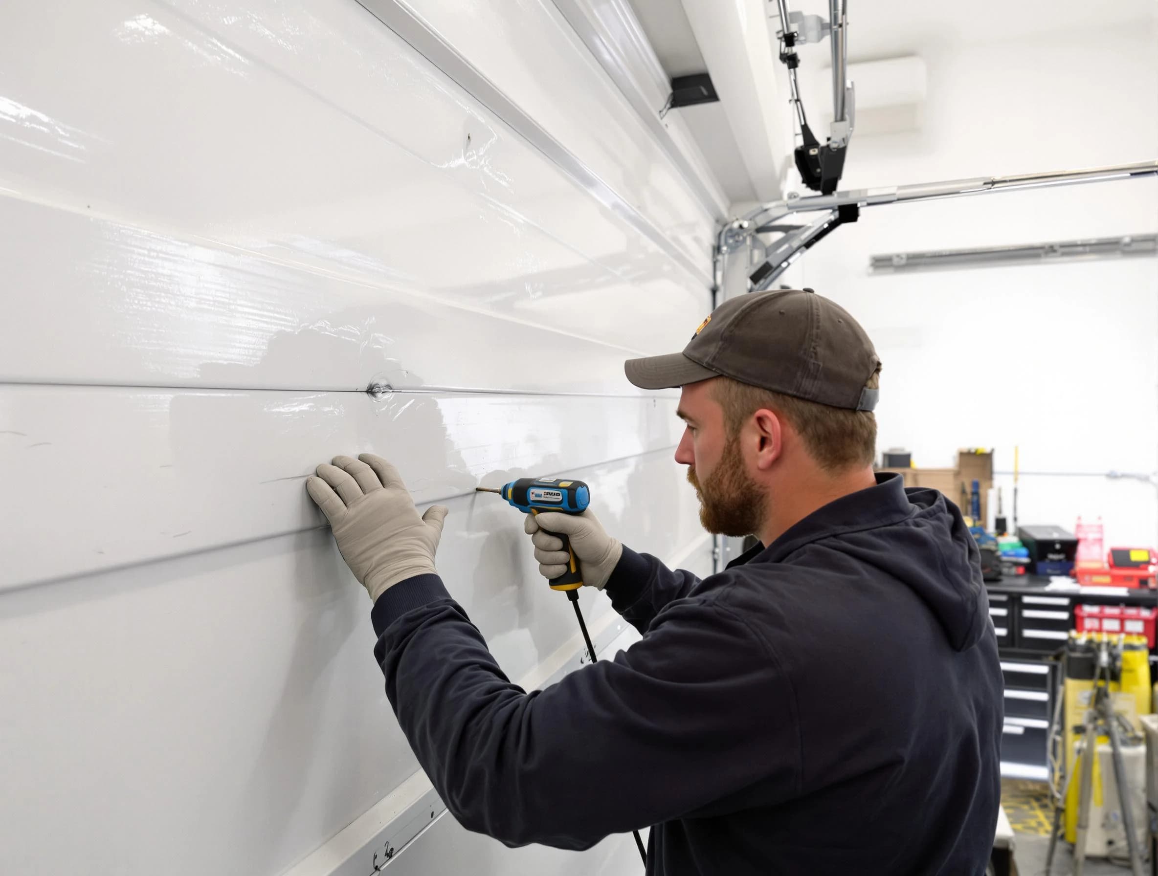 Mountain Park Garage Door Repair technician demonstrating precision dent removal techniques on a Mountain Park garage door